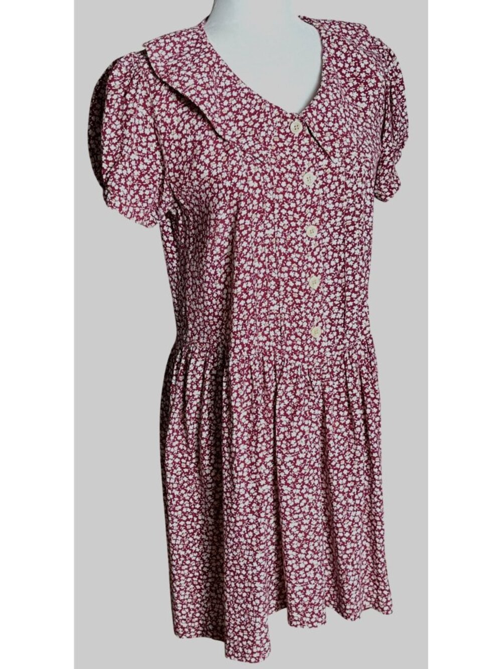 Erika Drop Waist Dress Burgundy Ditsy Floral Basque Peter Pan Collar Twee Wom M